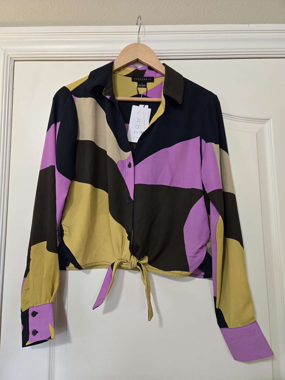 Sanctuary Colorblock Tie-Front Women's Shirt - Yellow, Pink, Black Drapey Layer